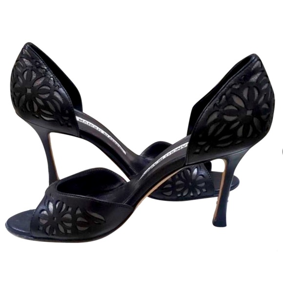 Manolo Blahnik Shoes - Manolo Blahnik - Black Silver D'orsay Laser Cutout Peep Toe Pumps